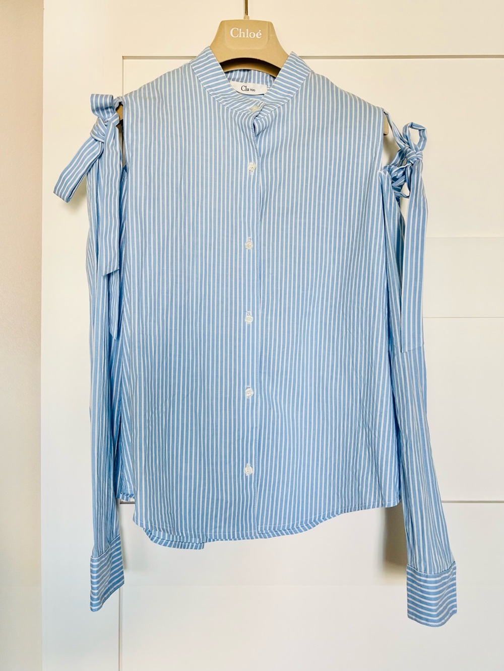 Clu Too XS Blue White Striped Cold Shoulder Bow Tie Sleeve Cotton Top Blouse